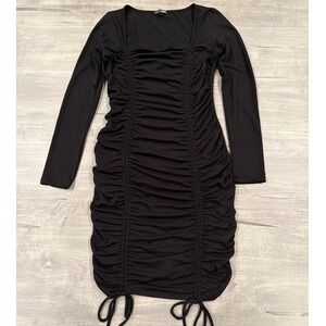 Fashion Nova Black Bodycon Dress‎ Long Sleeve Ruched Drawstring Sexy Womens S